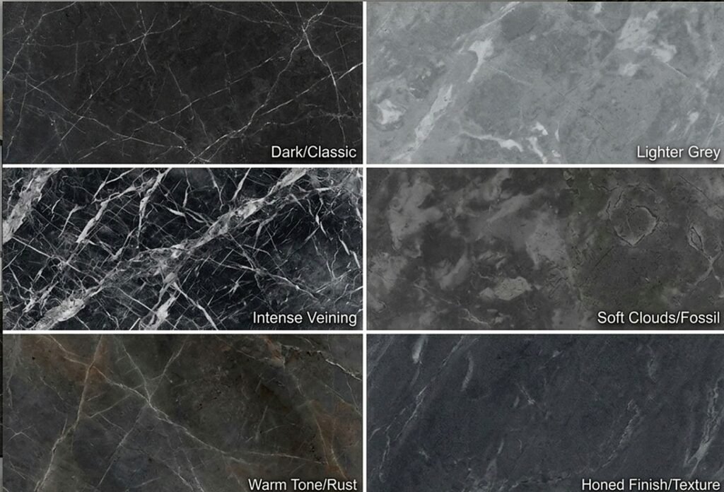 Six dark grey and black marble texture samples, displaying options like classic dark, intense veining, warm rust tones and a honed finish