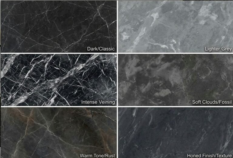 Six dark grey and black marble texture samples, displaying options like classic dark, intense veining, warm rust tones and a honed finish