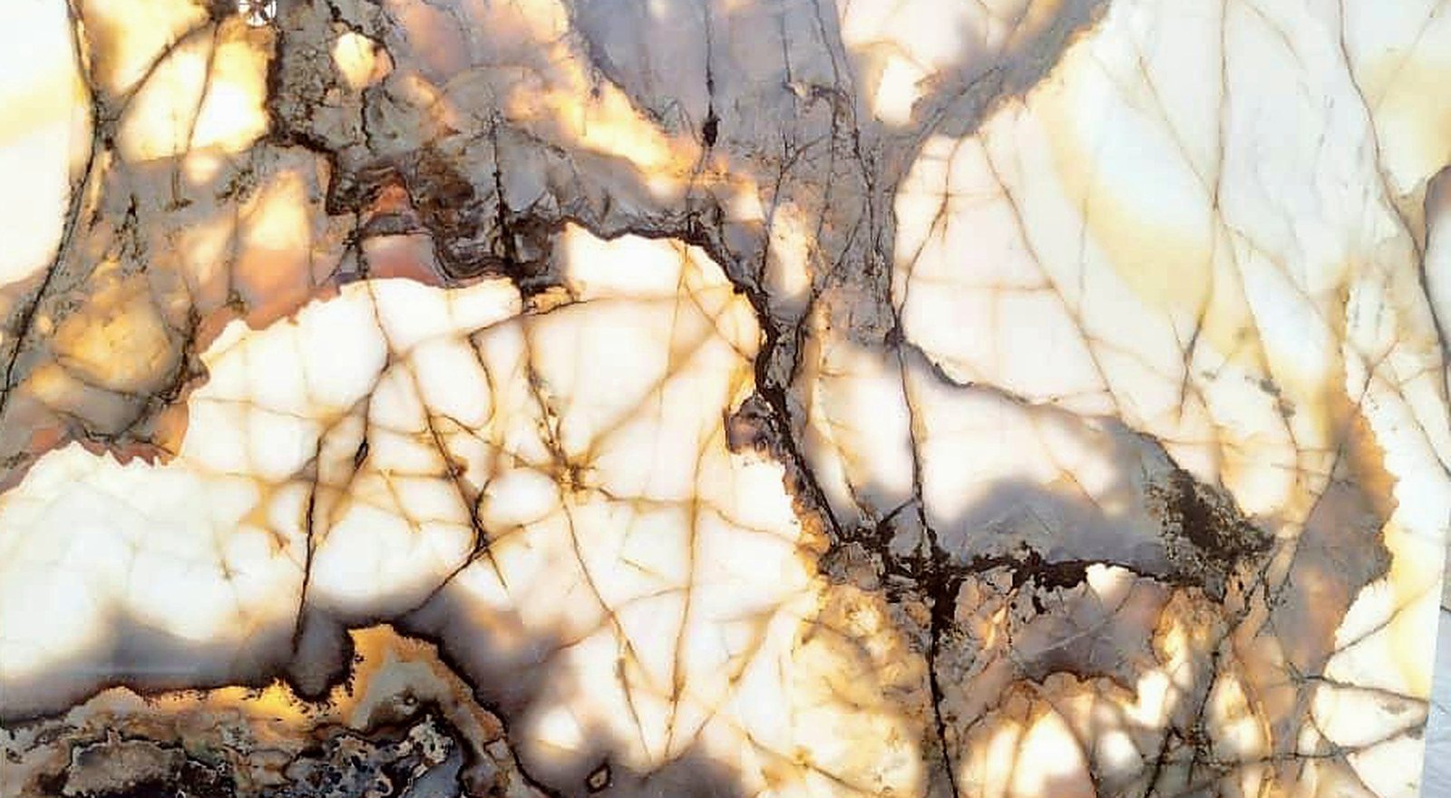 Backlit Deep Amber Onyx slab in deep amber, fiery gold, cocoa brown, warm cream and translucent ivory