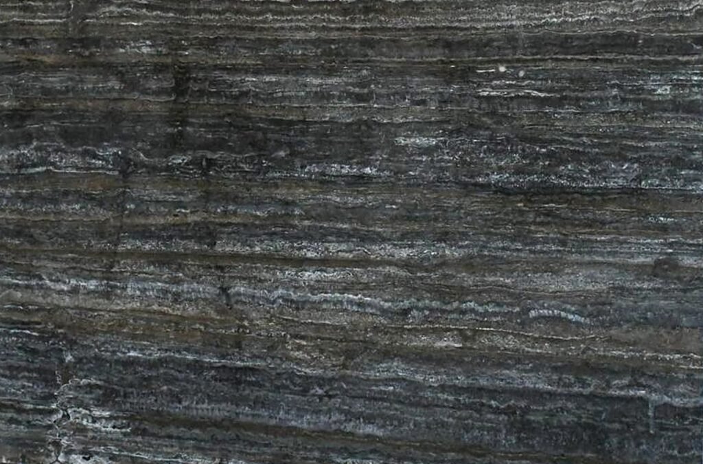 Persian Silver Travertine vein-cut slab with parallel deep charcoal, silver-grey, warm taupe and crisp white bands