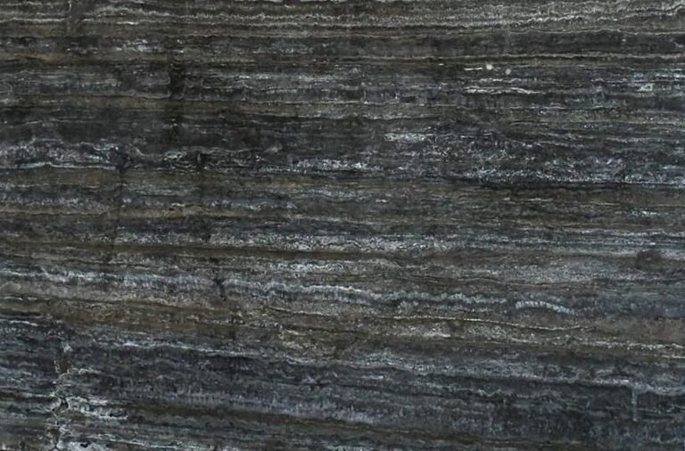 Persian Silver Travertine vein-cut slab with parallel deep charcoal, silver-grey, warm taupe and crisp white bands
